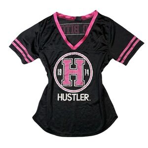 Hustler Jersey Top Womens XL Punk Hot Pink Black Mesh T Shirt Sexy Bad B*tch Y2k